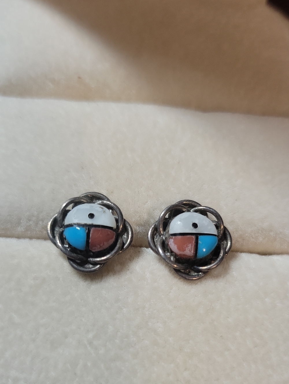 Sterling Silver Inlay Stud Earrings with Turquoise, Coral & White